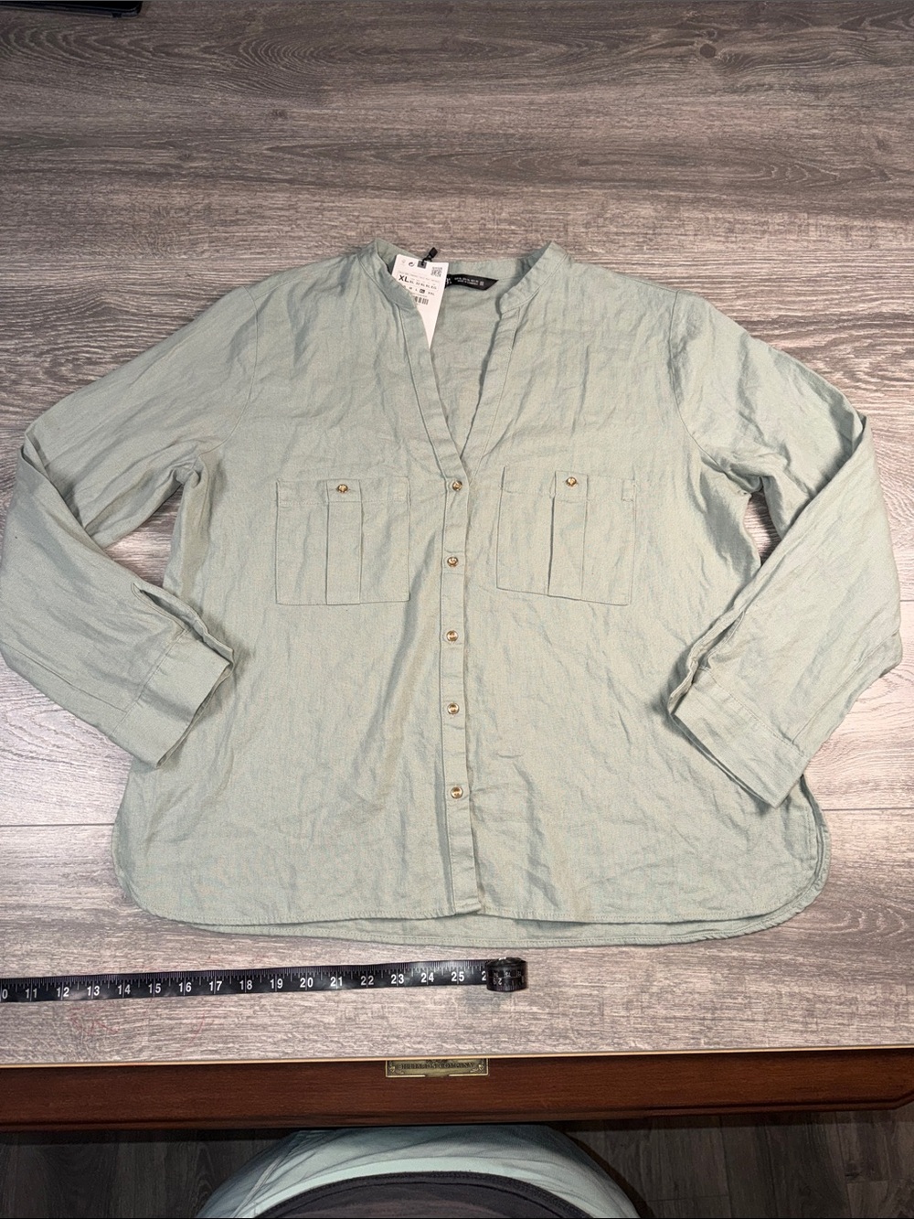 Zara Pale Mint Green Button-Front Women's Blouse Linen Blend XL NWT